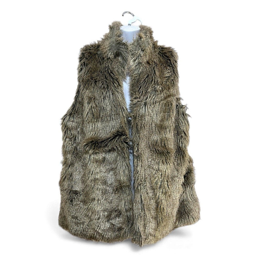 Women Reversible Faux Fur Vest Knit Sweater XL Brown Shaggy Y2K‎ Indie Rustic